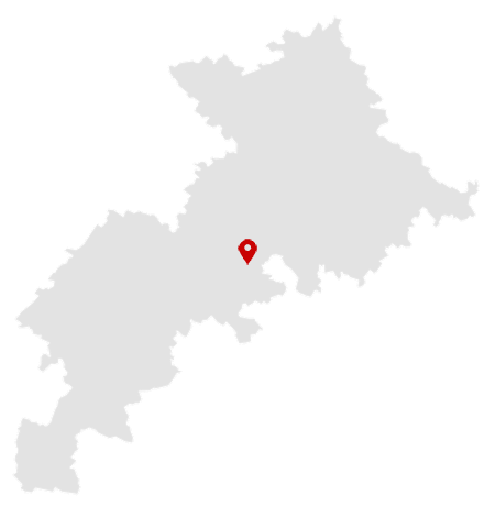 Géolocalisation : Emplacement marqué sur carte du district. Carte stylisée d'un district gris sur fond noir. Un marqueur rouge vif indique un point de géolocalisation central dans la région.