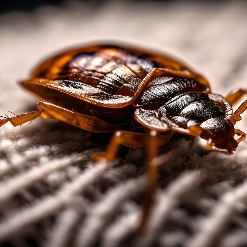 Coléoptère : macro incroyable d'un insecte sur tissu. Macro extrême d'un coléoptère brun-roux, carapace brillante, aux motifs sombres, marchant sur une surface de tissu texturée.