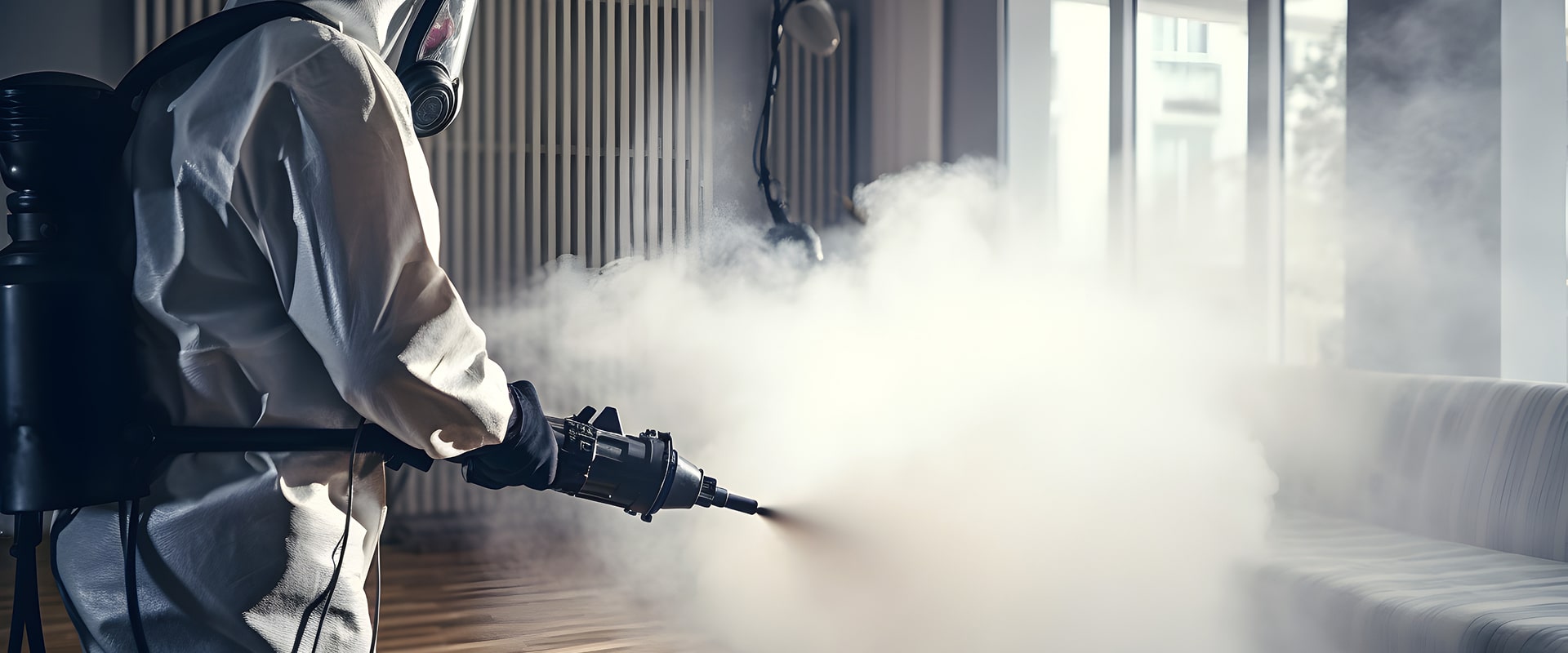 Technicien en EPI et masque, appliquant une désinfection par brumisation intensive dans un intérieur résidentiel. Fumée dense.