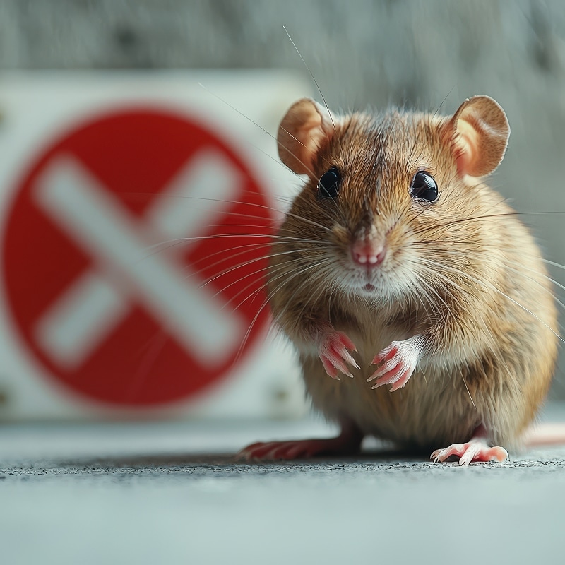 Gros plan : Souris mignonne devant un signe d'interdiction. Souris marron aux pattes levées fixant la caméra, devant un panneau d'interdiction (cercle rouge avec un X blanc flou).